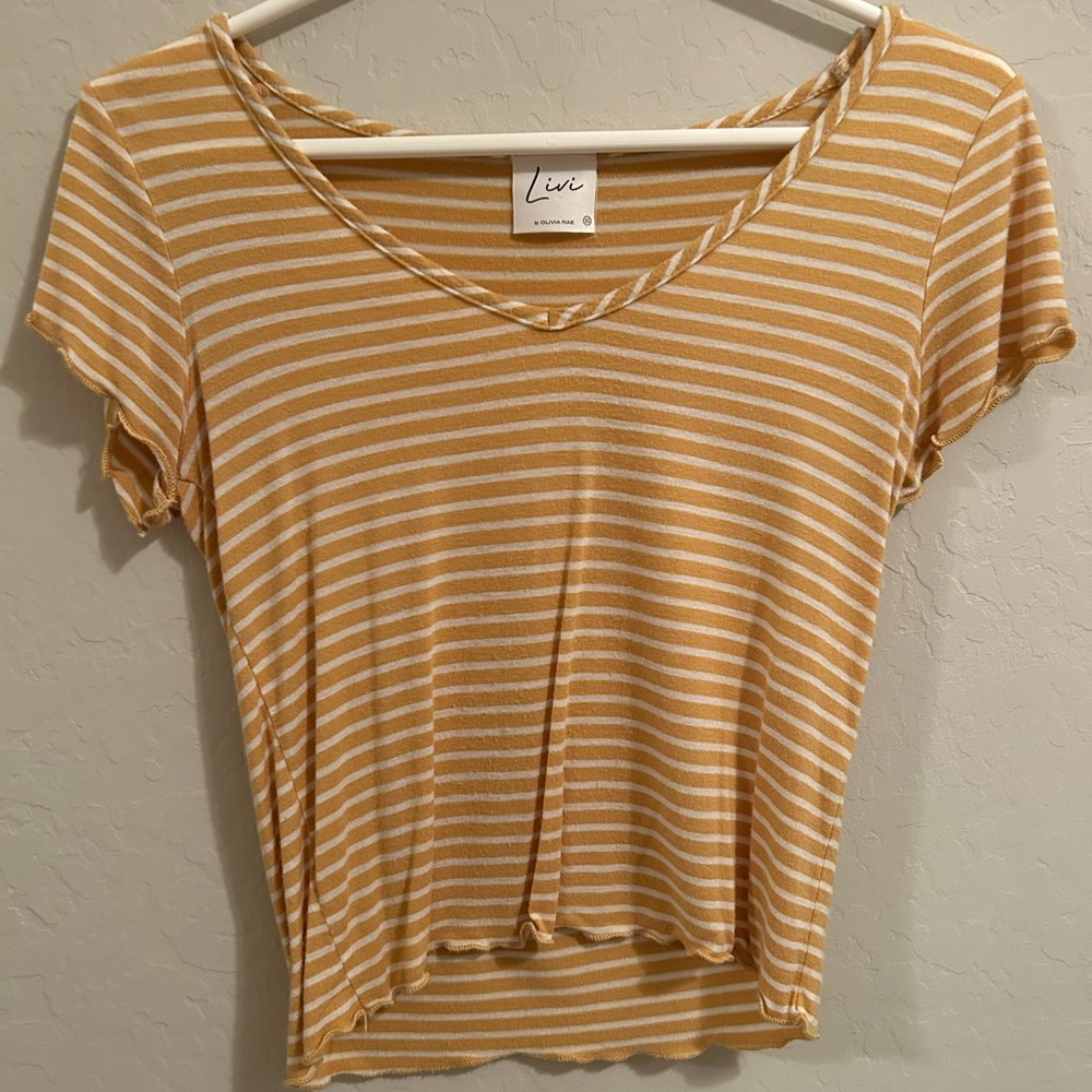 Livi By: Olivia Ray Yellow Striped T shirt V-Neck Size XS